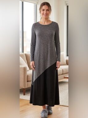 Grey & Black Long Stretch Lounging Dress L Rayon Blend
